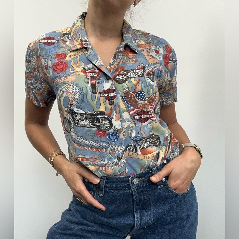 Vintage Y2K Harley Davidson Collared Printed Short sleeve Button Front Shirt L